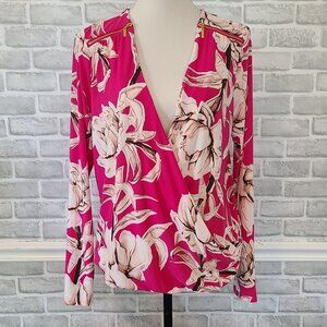 INC International Concepts Fuchsia Floral Surplice Long Sleeve Top